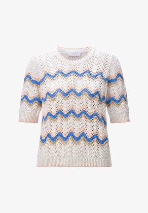 Maglione bianco a maniche corte in maglia con righe a zig zag blu, beige e pesca e motivo traforato e pizzo su tutta la superficie.
