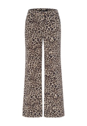 Wide-leg pants with brown and black leopard print, front pockets, and button closure at the waistband.