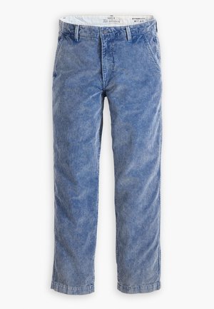 Light blue corduroy pants with a straight fit, featuring side pockets, a front button closure, and a soft textured fabric.