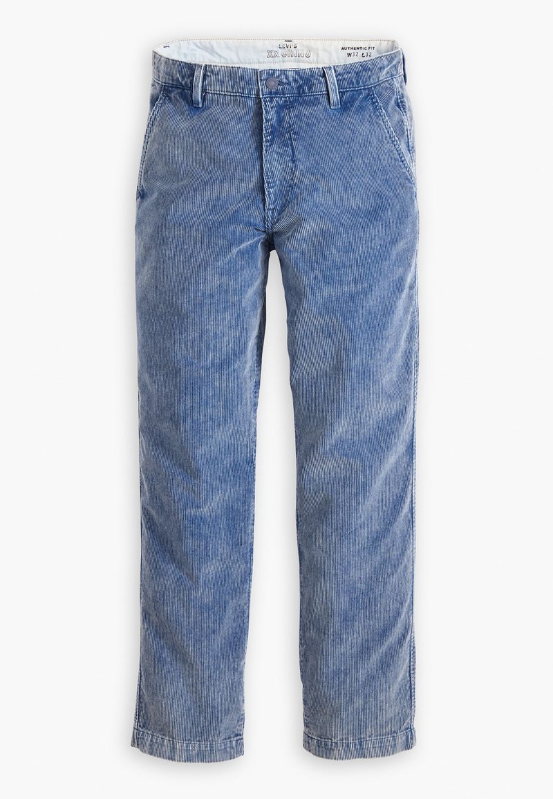 Helle blaue Cordhosen mit geradem Schnitt, seitlichen Taschen, einem vorderen Knopfverschluss und einem weichen, strukturierten Stoff.