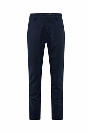 Marineblauwe op maat gemaakte broek van een zachte stof, met een recht gesneden ontwerp, vlakke voorkant en een standaard tailleband met riemlussen.