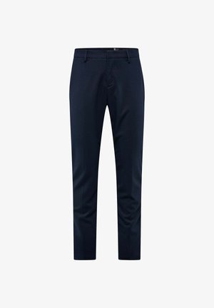Pantaloni su misura blu navy realizzati in un tessuto liscio, con un design a gamba dritta, davanti piatto e vita standard con passanti per cintura.