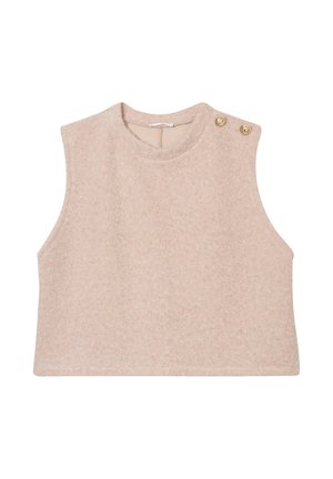 Beige ärmelloses, kurzes Top aus strukturiertem Stoff, mit rundem Ausschnitt und zwei goldenen Knopfakzenten auf der Schulter.