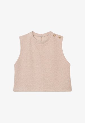 Beige ärmelloses, kurzes Top aus strukturiertem Stoff, mit rundem Ausschnitt und zwei goldenen Knopfakzenten auf der Schulter.