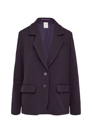 Dark purple blazer in structured fabric, featuring a notched collar, two front pockets, and three buttons on the front.