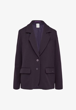 Dark purple blazer in structured fabric, featuring a notched collar, two front pockets, and three buttons on the front.