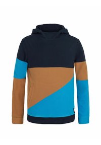 Kapuzenpullover mit Farbblöcken in Marineblau, Braun und Blau; aus weichem Fleece mit einer strukturierten Haptik und einer vorderen Taschenpartie.