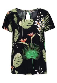 Blusa nera con maniche corte, caratterizzata da un motivo tropicale di foglie e fiori nei colori verde, rosa e bianco. Design con apertura a chiave sul retro.