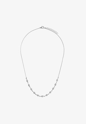 Srebrny naszyjnik z delikatnym łańcuszkiem, w którym na przemian występują wydłużone i okrągłe ogniwa, akcentowany teksturowanymi detalami.