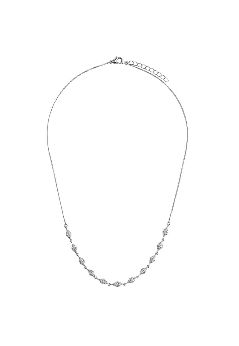 Srebrny naszyjnik z delikatnym łańcuszkiem, w którym na przemian występują wydłużone i okrągłe ogniwa, akcentowany teksturowanymi detalami.