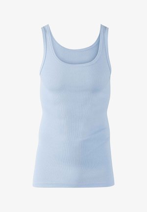 Light blue cotton tank top with a ribbed texture, featuring a scoop neckline and wide shoulder straps, designed for a fitted silhouette.