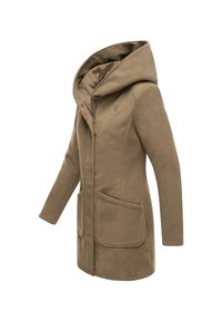 Manteau beige longueur genou avec grande capuche, fermeture éclair à l'avant, deux grandes poches avant et manches longues ajustées.