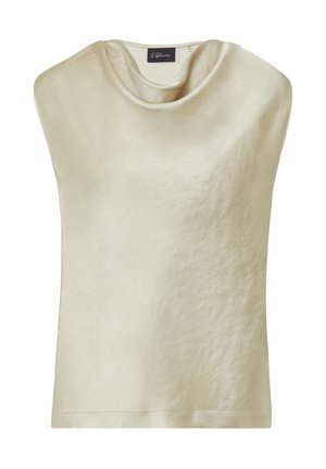 Mouwloze top van lichtbeige stof met een zachte, gedrapeerde halslijn. Gladde textuur, minimalistisch ontwerp en geen zichtbare sluitingen of patronen.