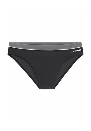 Schwarze Bikini-Höschen mit einem grauen Bund, versehen mit einem weißen Akzentstreifen und dem "CHIEMSEE"-Logo. Hergestellt aus glattem, elastischem Material.