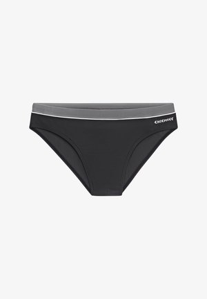Schwarze Bikini-Höschen mit einem grauen Bund, versehen mit einem weißen Akzentstreifen und dem "CHIEMSEE"-Logo. Hergestellt aus glattem, elastischem Material.