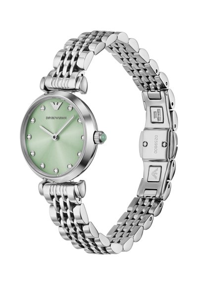 Orologio da polso in acciaio inox argento con quadrante verde, indici delle ore in cristallo e logo Emporio Armani alle ore 12.