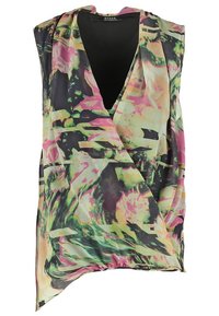 Blouse sans manches portefeuille avec un col en V profond, avec un imprimé floral abstrait dans des tons verts, roses, jaunes et noirs.