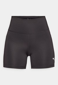 Sorte sportsshorts lavet af glat, strækbart stof. Høj talje med flade syninger og et lille hvidt Puma-logo på siden.