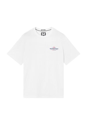 Weißes T-Shirt mit kurzen Ärmeln und Rundhalsausschnitt, mit kleinem "Weekender Offender"-Logo und rotem Stern auf der linken Brust.