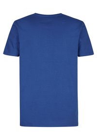T-shirt blu a maniche corte in cotone, con collo rotondo e una texture liscia, senza motivi o dettagli visibili.