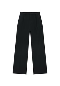 Pantalon noir à jambes larges avec un devant plat, des poches latérales et une texture lisse. Design classique adapté à diverses occasions.