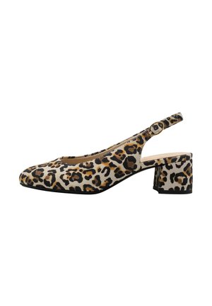 Slingback-hæle med leopardprint lavet af blødt stof, med rundet tå, blokhæl og tynd justerbar rem med en rund spænde.