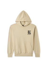 Felpa beige realizzata in morbido tessuto, con tasca frontale a marsupio, polsini a costine e un logo nero nella parte superiore sinistra.