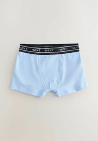 Boxer homme bleu clair avec une ceinture noire comportant le logo "NEXT" répété, posé à plat sur un fond clair uni.