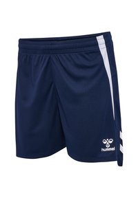 Marineblaue Sportshorts mit elastischem Bund, weißen Seitenstreifen und weißem Hummel-Logo am unteren linken Bein.