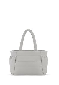 Borsa a spalla grigia imbottita con due manici, caratterizzata da accenti di cucitura orizzontali e una superficie morbida e strutturata. Tasche laterali per riporre oggetti.