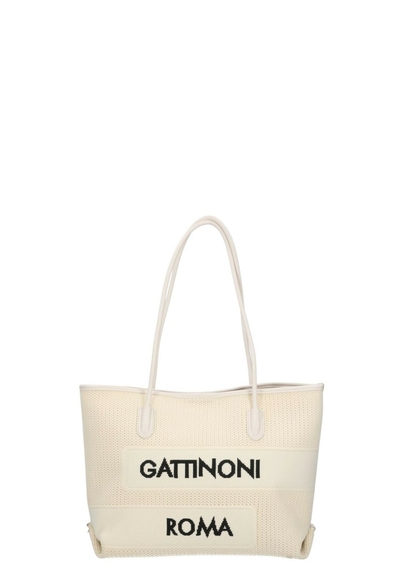 Grande borsa tote crema con texture perforata, con la scritta nera "GATTINONI" e "ROMA" su bande bianche. Doppi manici.