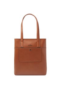 Borsa tote in pelle marrone con due manici, una tasca frontale e dettagli di cucitura sottili. Texture liscia e forma rettangolare.