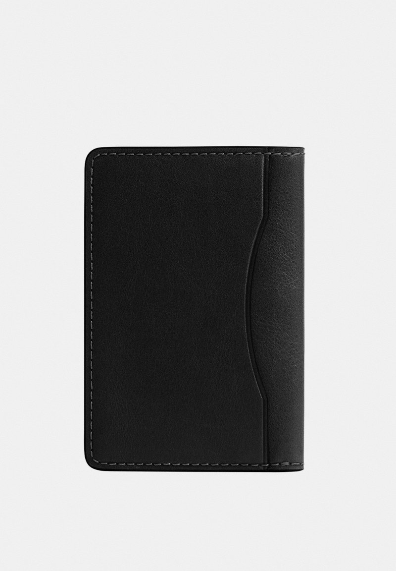 Black leather wallet with visible stitching and a curved pocket detail on the front, closed on a plain light background.