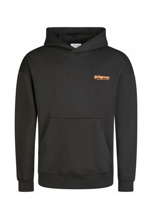 Black hooded sweatshirt featuring a front pocket, ribbed cuffs, and an orange logo on the chest. Made of soft, stretchy fabric.