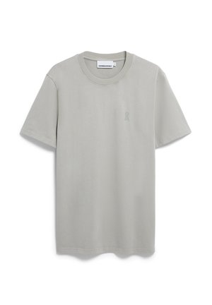 Hellgrau Kurzarm-T-Shirt mit Rundhalsausschnitt und kleinem minimalistischen Logo auf der linken Brust sowie Markenlabel im Kragen.