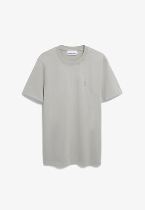 Hellgrau Kurzarm-T-Shirt mit Rundhalsausschnitt und kleinem minimalistischen Logo auf der linken Brust sowie Markenlabel im Kragen.