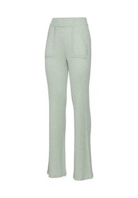 Ribbed light green knit pants with a flared shape, featuring a wide waistband and two front pockets with textured accents.