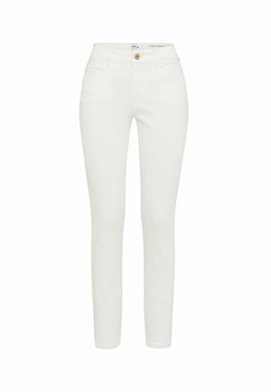 Jean skinny blanc en denim doux, avec fermeture à bouton, passants de ceinture et deux poches avant. Texture lisse sans motifs.