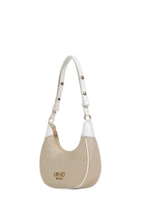 Beige handtas met een gebogen ontwerp, patroonstof, witte afwerking en gouden accenten. Het heeft een ritssluiting en een schouderriem.