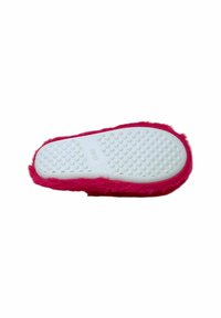 Pantofole foderate in pelliccia rosa con suola in gomma bianca dotata di piccole grip circolari, progettate per il comfort e l'uso interno.