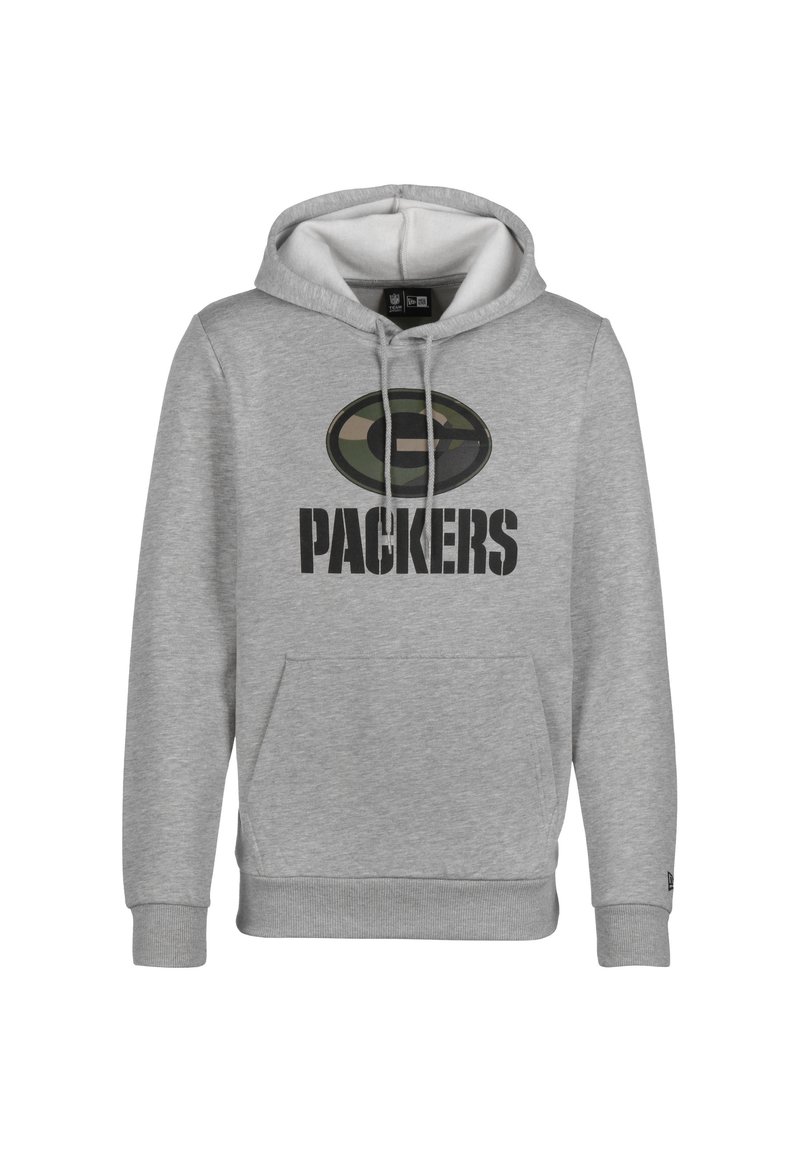 Sudadera gris de mezcla de algodón con bolsillo tipo canguro, capucha con cordón y texto impreso "PACKERS" en negro debajo de un logotipo de camuflaje.