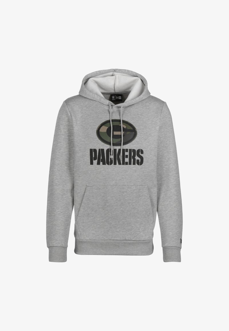 Sudadera gris de mezcla de algodón con bolsillo tipo canguro, capucha con cordón y texto impreso "PACKERS" en negro debajo de un logotipo de camuflaje.