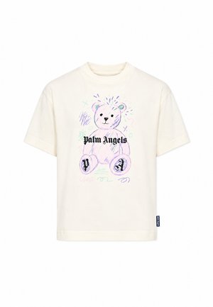 Wit T-shirt met korte mouwen met een kleurrijke schets van een teddybeer, "Palm Angels" tekst op de borst en "PA" letters op de voeten van de beer.