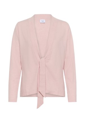 Cardigan long à manches longues rose pâle avec devant ouvert et détail de lien en tissu, fabriqué en maille légère.