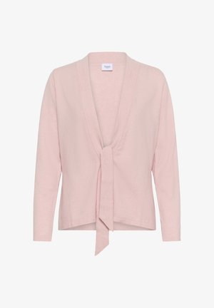 Cardigan long à manches longues rose pâle avec devant ouvert et détail de lien en tissu, fabriqué en maille légère.