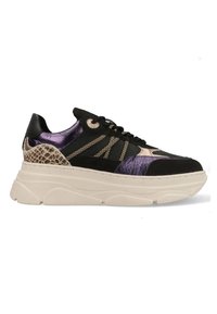Sneakers with a black mesh upper, purple leather accents, and textured beige details. Chunky white outsole with distinct wave patterns.