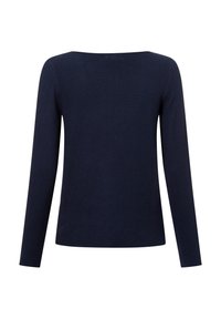 Navyblaues Langarmoberteil mit gerippter Textur und weitem Ausschnitt. Der Rücken ist schlicht, ohne Muster oder zusätzliche Verzierungen.