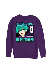 Lila Sweatshirt mit einem Grafikmotiv eines Charakters mit türkisfarbenem Haar, Text "PLAYER ONE" und "GAMER" in fetten, pixelierten Schriftarten.