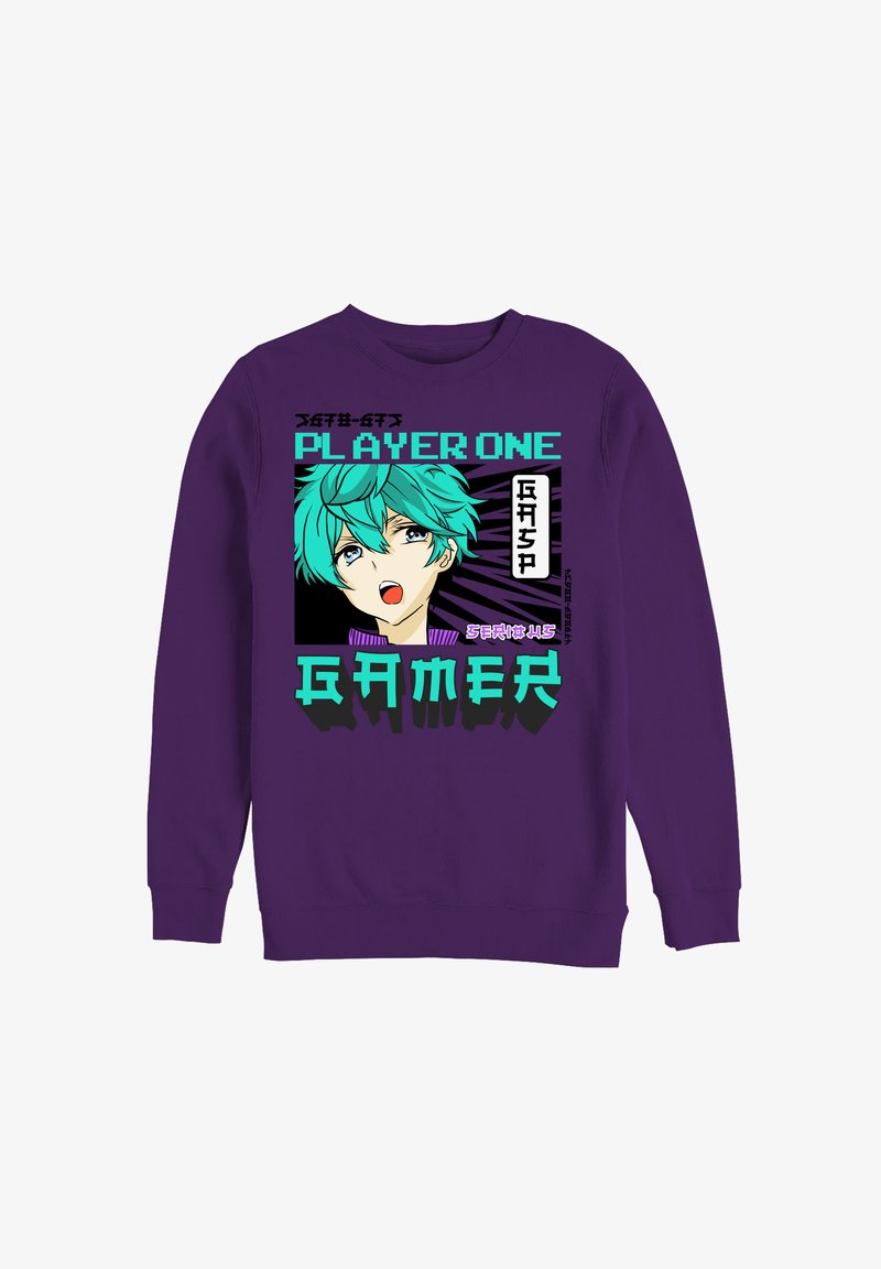 Lila Sweatshirt mit einem Grafikmotiv eines Charakters mit türkisfarbenem Haar, Text "PLAYER ONE" und "GAMER" in fetten, pixelierten Schriftarten.