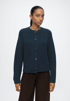 Donna con capelli tirati all’indietro indossa un cardigan di maglia blu scuro con bottoni e pantaloni scuri, in piedi contro uno sfondo bianco uniforme.
